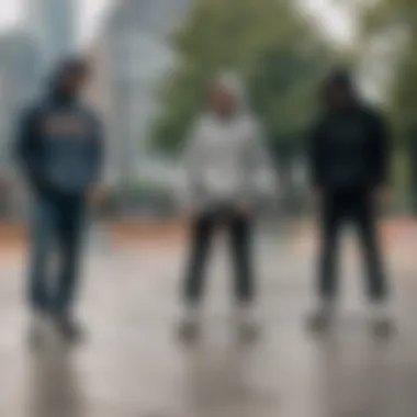 Skaters wearing hoodies in an urban skate park setting, blending style and function