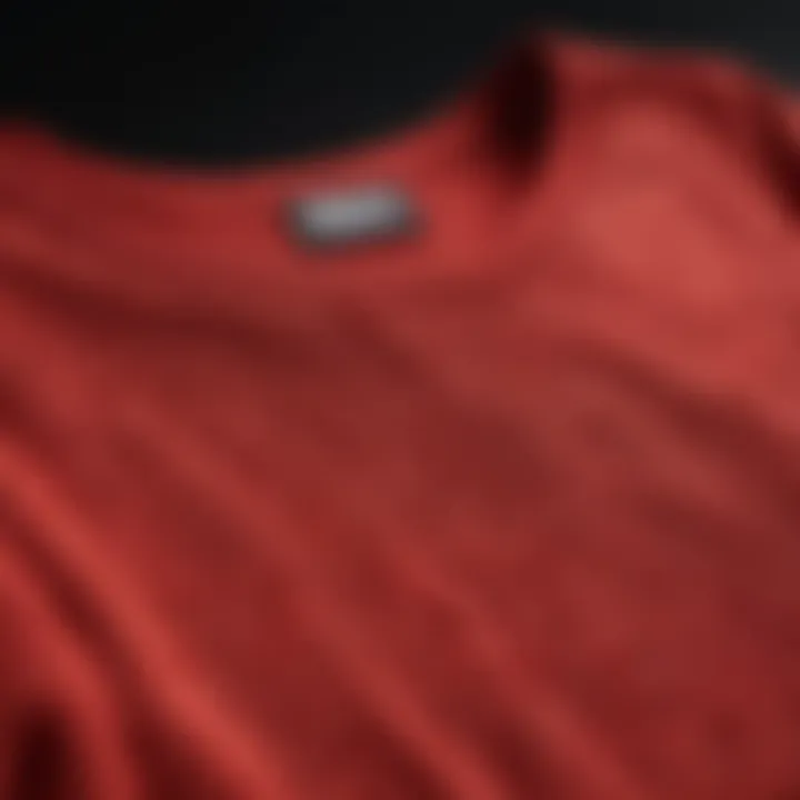 A close-up of the texture and design of a red crop t-shirt, highlighting its fashion elements.