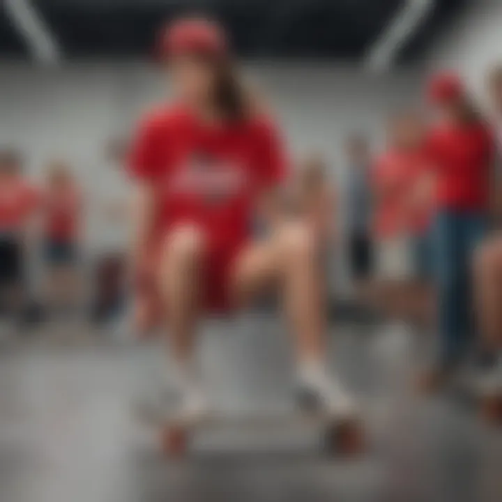 A stylish skater pairing a red crop t-shirt with other skate gear, illustrating fashion and functionality.