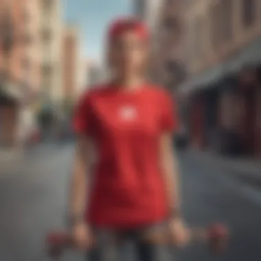 A vibrant red crop t-shirt worn by a skater showcasing urban street style.