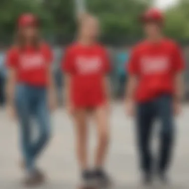 A group of skaters in a skate park, proudly wearing red crop t-shirts, representing community and individuality.