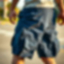 Close-up of blue cargo shorts featuring multiple pockets