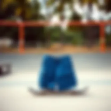 Iconic Skate Park Setting Blue cargo shorts displayed against a backdrop of a skate park