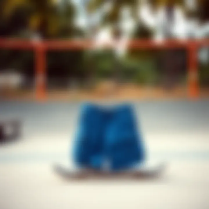 Iconic Skate Park Setting Blue cargo shorts displayed against a backdrop of a skate park