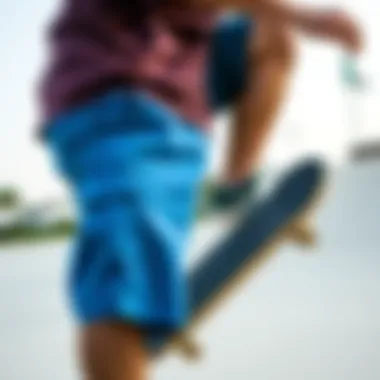 Active Lifestyle and Comfort Skater performing a trick while wearing blue cargo shorts