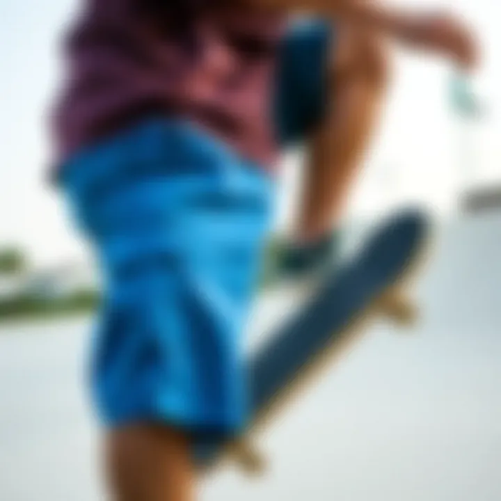 Active Lifestyle and Comfort Skater performing a trick while wearing blue cargo shorts