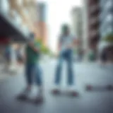 Classic light blue denim jeans worn by skateboarders in an urban environment