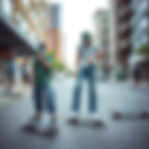 Classic light blue denim jeans worn by skateboarders in an urban environment