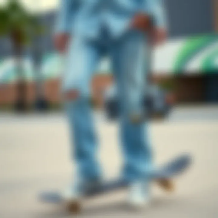 Light blue denim jeans paired with modern skate gear