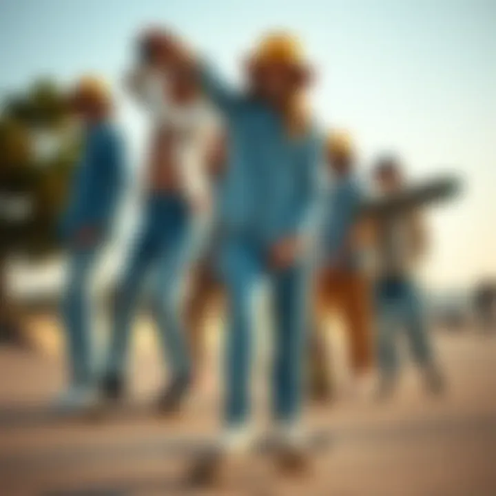 A group of skateboarders demonstrating various styles with light blue denim