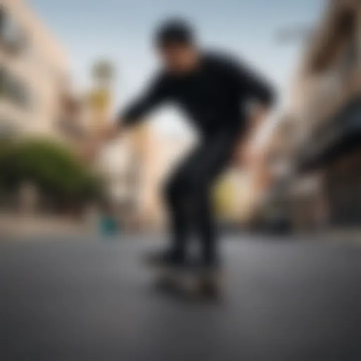 Skateboarder performing tricks while wearing all black slip-ons