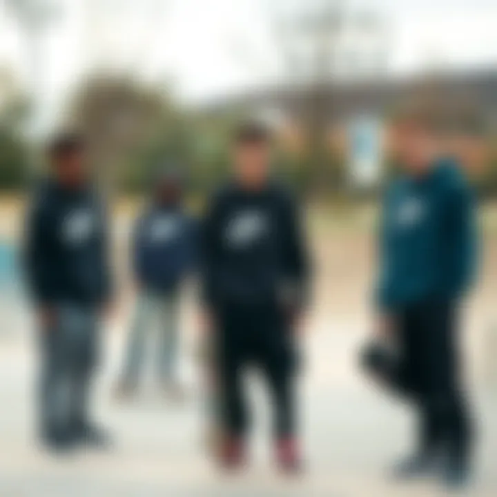 Skateboarders in Nike Hoodies at Skate Park A group of skateboarders wearing Nike pullover hoodies at a skate park, highlighting the blend of style and performance