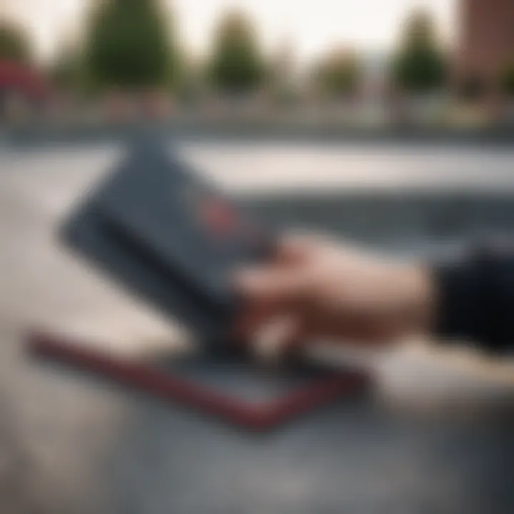 A skateboarder using a trifold velcro wallet at a skate park.