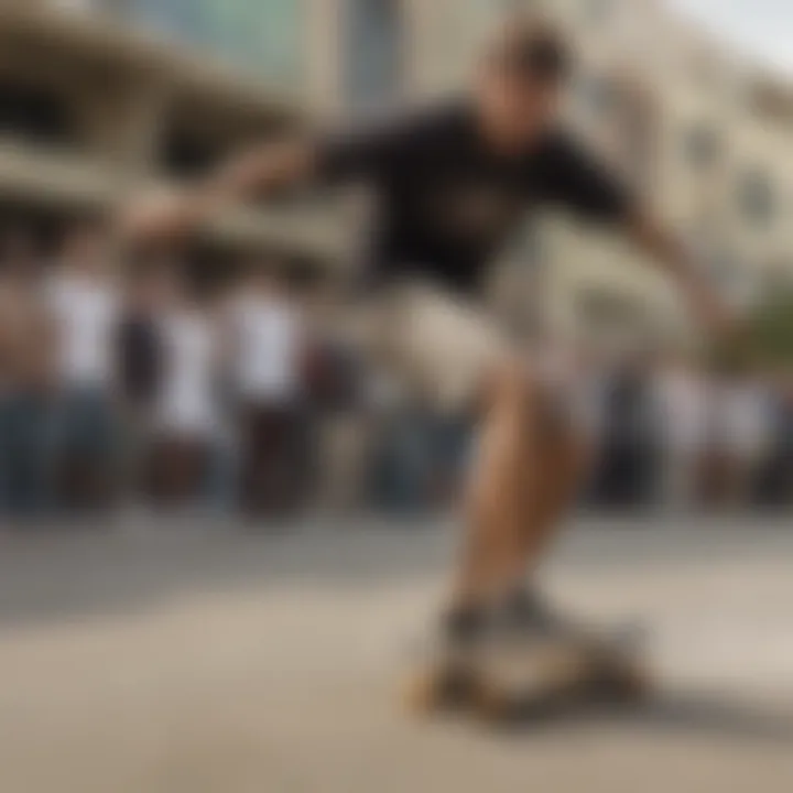 Skateboarder wearing Tony Hawk shorts in action