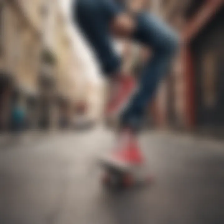 A skateboarder wearing SB sneakers performing a trick in an urban environment.