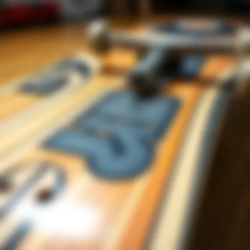 A close-up view of a skateboard deck showcasing its intricate design and construction materials.