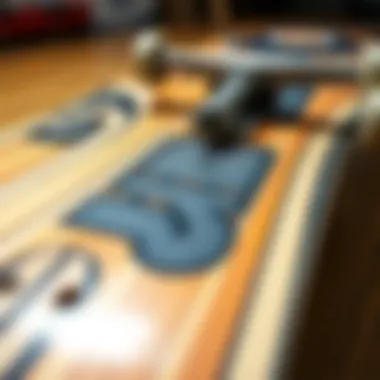 Detailed Construction of a Skateboard Deck A close-up view of a skateboard deck showcasing its intricate design and construction materials.