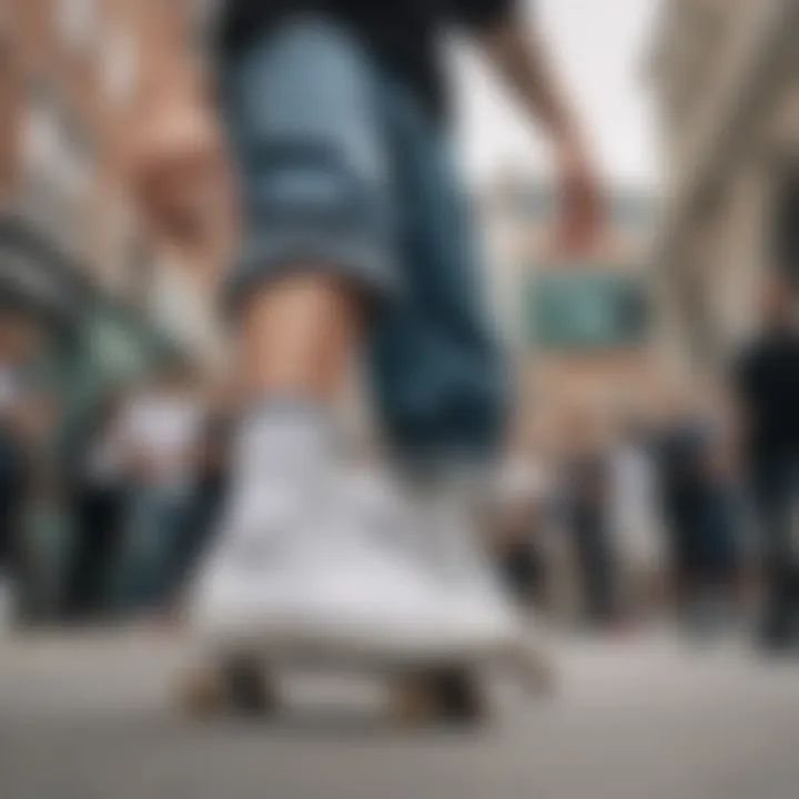 Group of skaters showcasing diverse styles with white socks