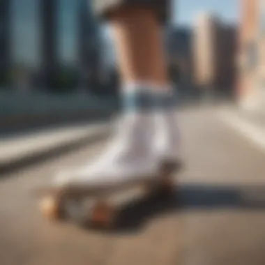 Socks laid out on skate deck with urban backdrop