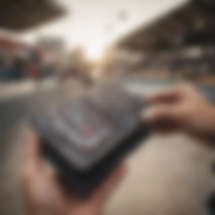 Skateboarder using the Vans trifold wallet at a skate park