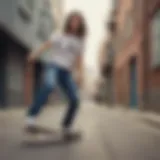 Dynamic action shot of a skateboarder wearing Volcom jeans in an urban setting