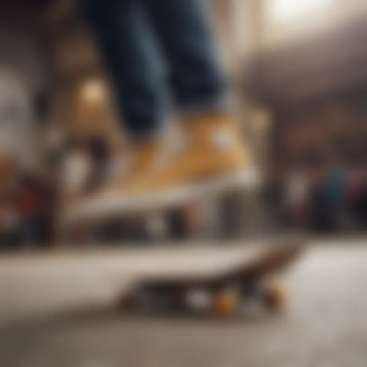 A skateboarder performing a trick, highlighting shoe performance