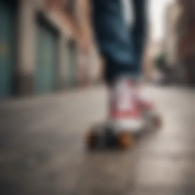 Stylish skateboard shoes displayed against urban background