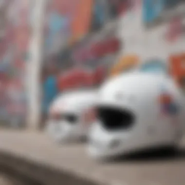 White skateboard helmet with colorful graffiti background