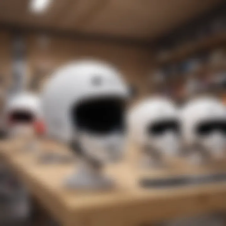 Skater choosing a helmet in a skateboard shop