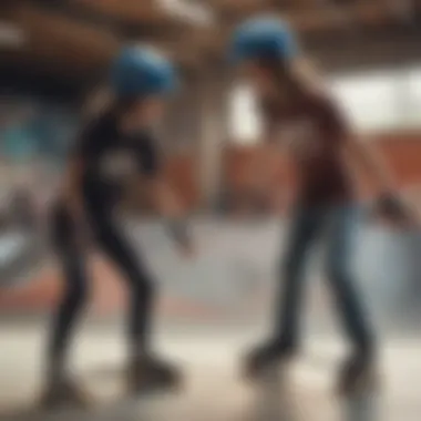 Young skaters showcasing their stylish helmets at a skate park